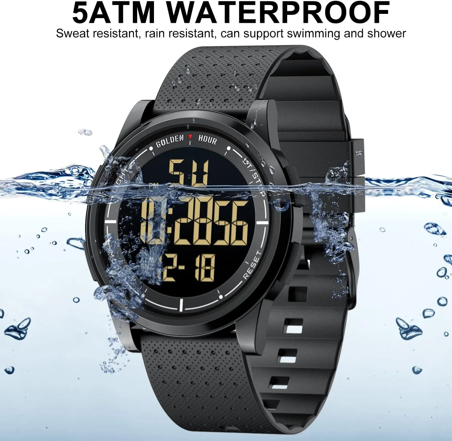 GOLDEN HOUR Ultra-Thin Minimalist Sports Waterproof Digital Watches Men with Wide-Angle Display Rubber Strap Wrist Watch for Men Women