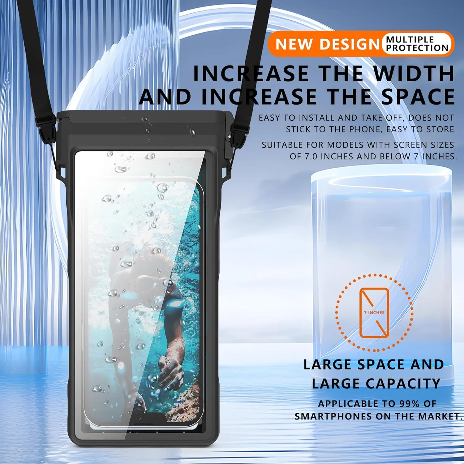GOLDJU Waterproof Phone Case, Underwater Diving Phone Case for Snorkeling,IPX8 Waterproof Phone Pouch with Lanyard for Apple iPhone,Samsung,and up to 7.0",Beach Cruise Ship Travel Essentials - Black