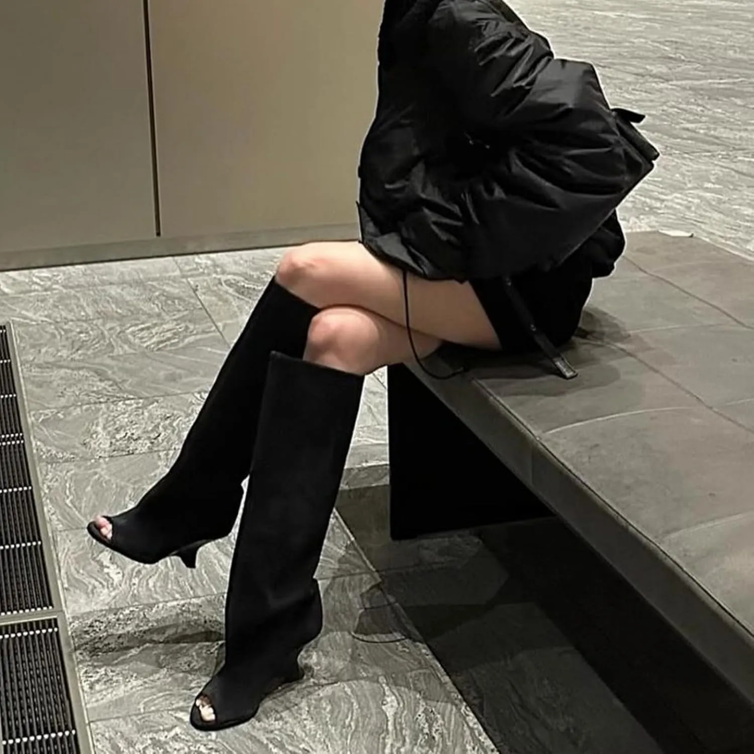 Goolita Suede Fringe Round Open Toe Wide Calf Knee High Boots For Women Fall Winter Wedge Heels Pull On Tall Slouchy Boots