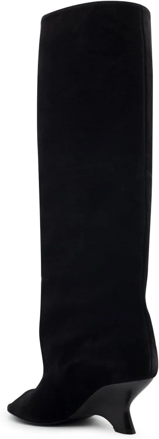 Goolita Suede Fringe Round Open Toe Wide Calf Knee High Boots For Women Fall Winter Wedge Heels Pull On Tall Slouchy Boots