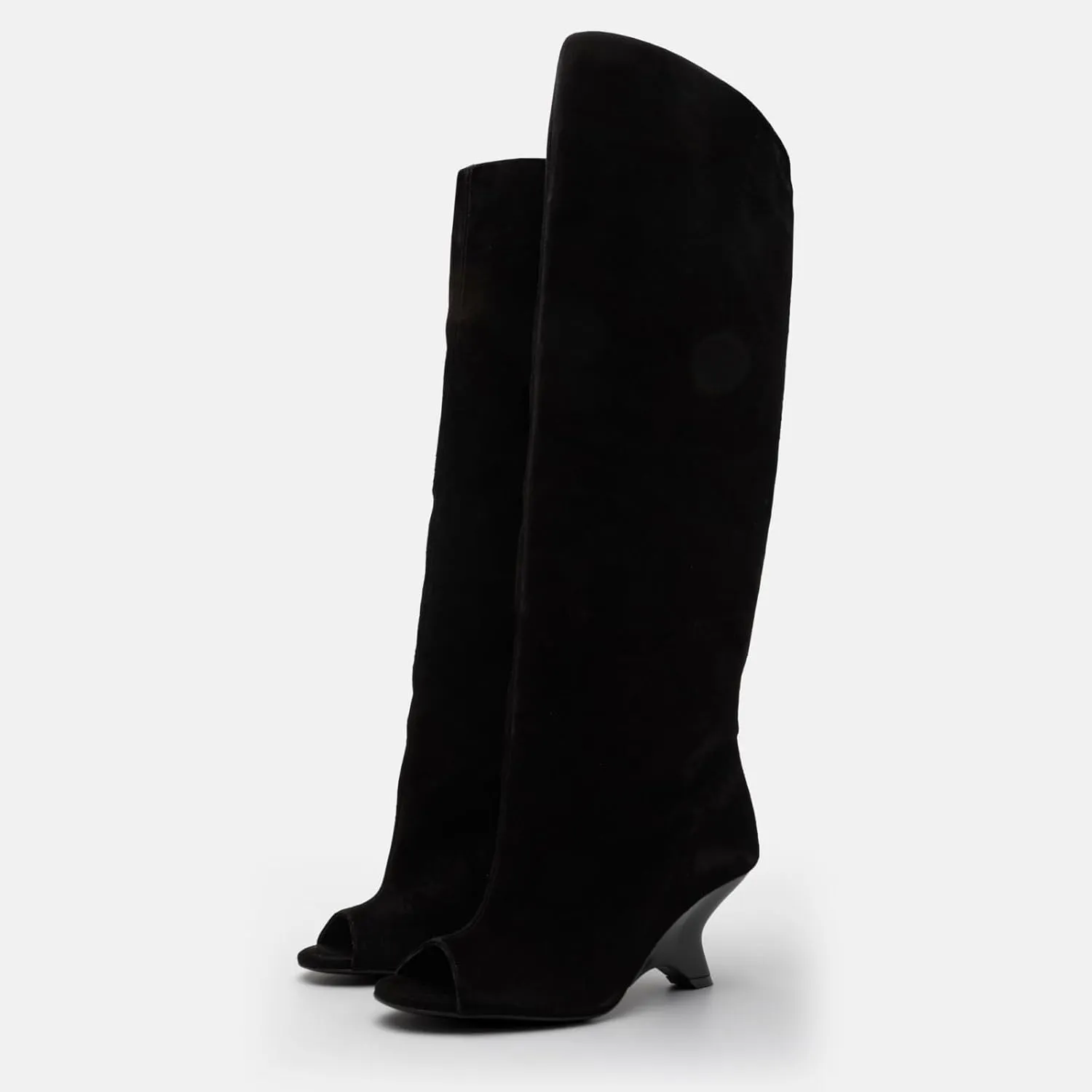 Goolita Suede Fringe Round Open Toe Wide Calf Knee High Boots For Women Fall Winter Wedge Heels Pull On Tall Slouchy Boots