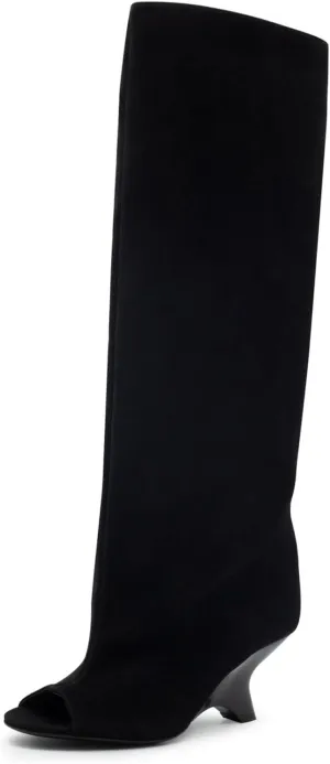 Goolita Suede Fringe Round Open Toe Wide Calf Knee High Boots For Women Fall Winter Wedge Heels Pull On Tall Slouchy Boots