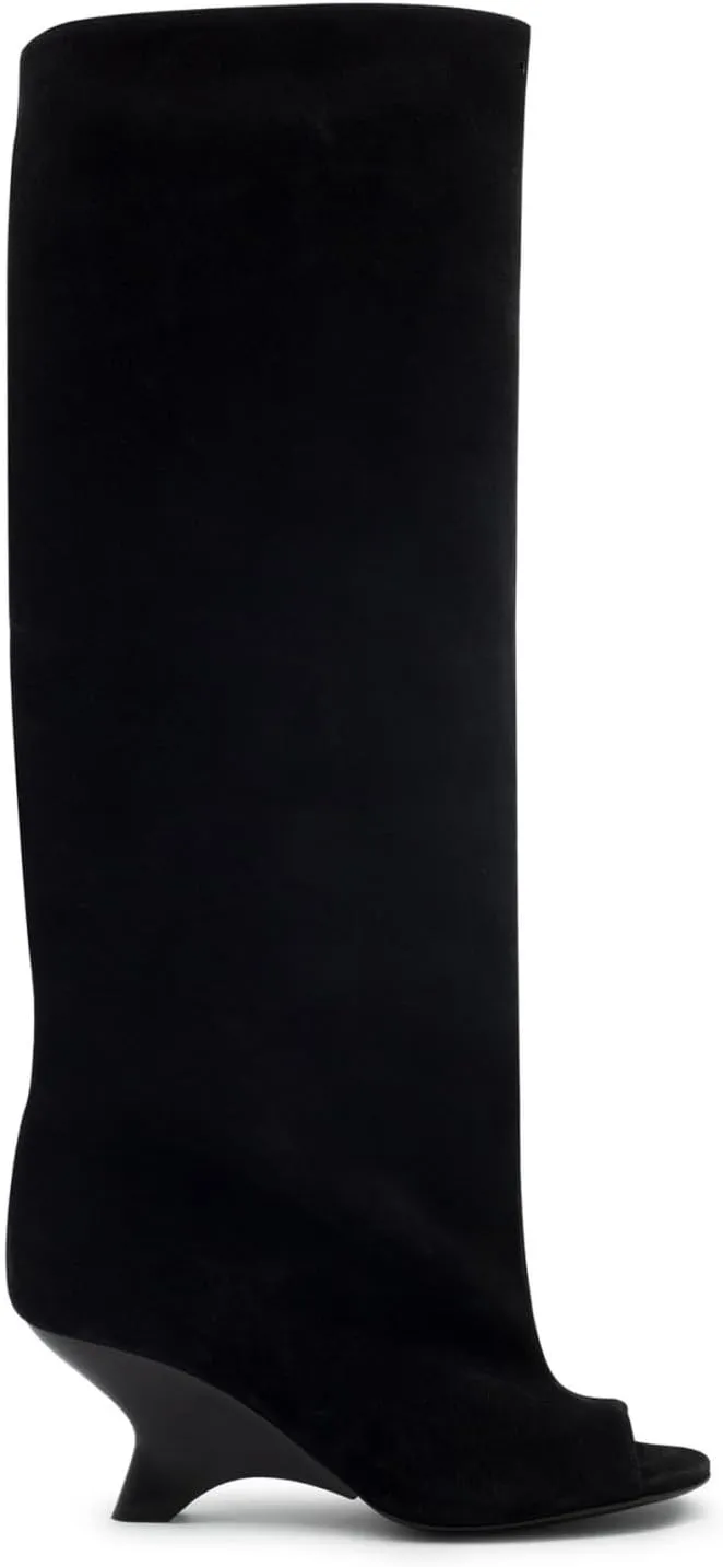Goolita Suede Fringe Round Open Toe Wide Calf Knee High Boots For Women Fall Winter Wedge Heels Pull On Tall Slouchy Boots