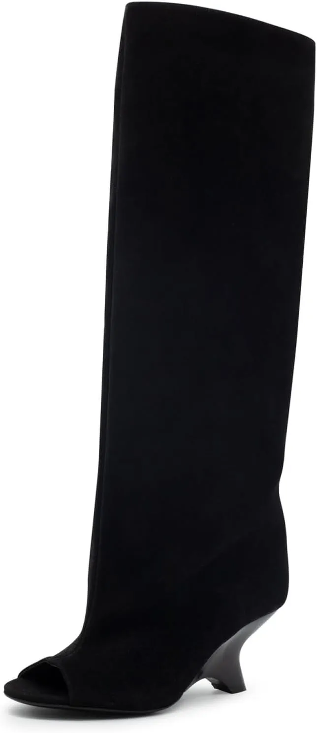 Goolita Suede Fringe Round Open Toe Wide Calf Knee High Boots For Women Fall Winter Wedge Heels Pull On Tall Slouchy Boots