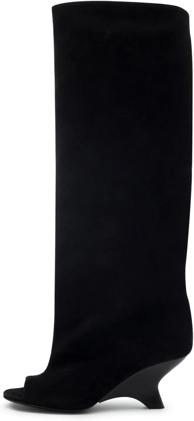 Goolita Suede Fringe Round Open Toe Wide Calf Knee High Boots For Women Fall Winter Wedge Heels Pull On Tall Slouchy Boots