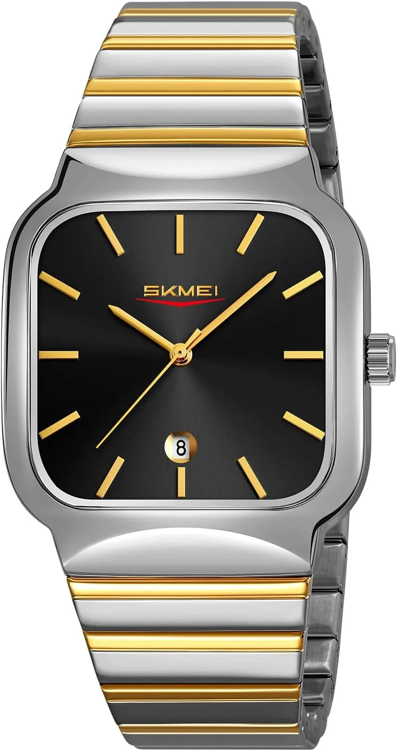 Gosasa Classic Square Watch for Men Fashion Analog Quartz Stainless Steel Band Waterproof Men’s Business Dress Wrist Watch with Calendar
