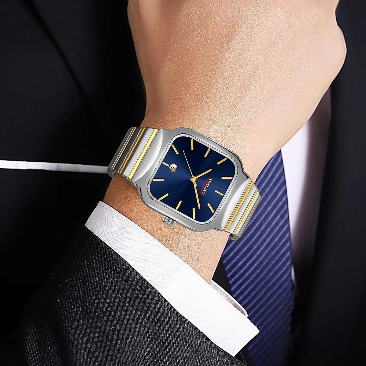 Gosasa Classic Square Watch for Men Fashion Analog Quartz Stainless Steel Band Waterproof Men’s Business Dress Wrist Watch with Calendar