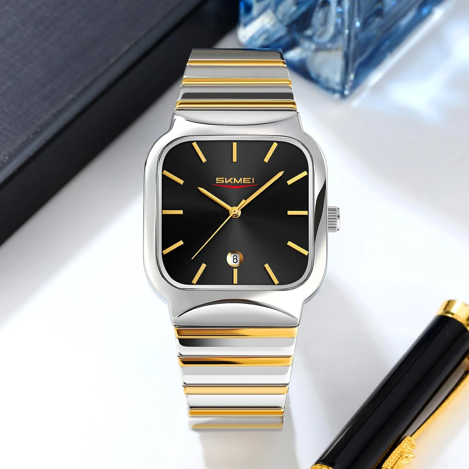 Gosasa Classic Square Watch for Men Fashion Analog Quartz Stainless Steel Band Waterproof Men’s Business Dress Wrist Watch with Calendar