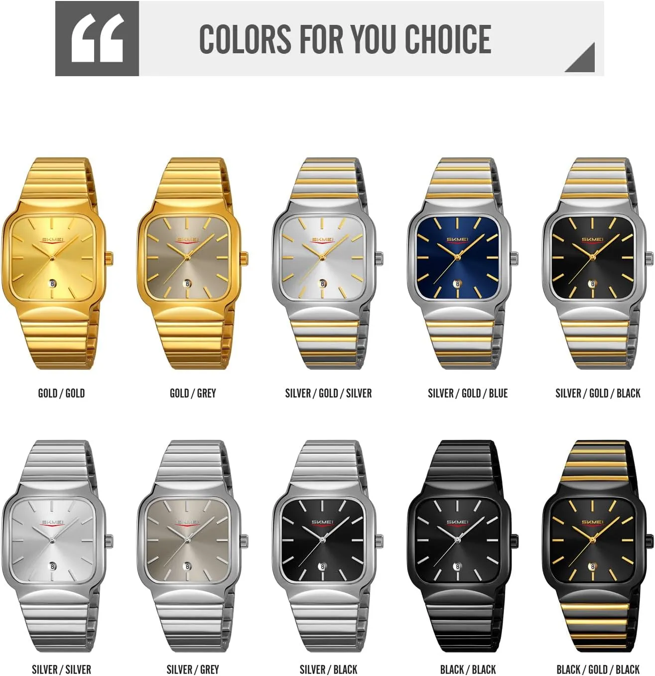 Gosasa Classic Square Watch for Men Fashion Analog Quartz Stainless Steel Band Waterproof Men’s Business Dress Wrist Watch with Calendar