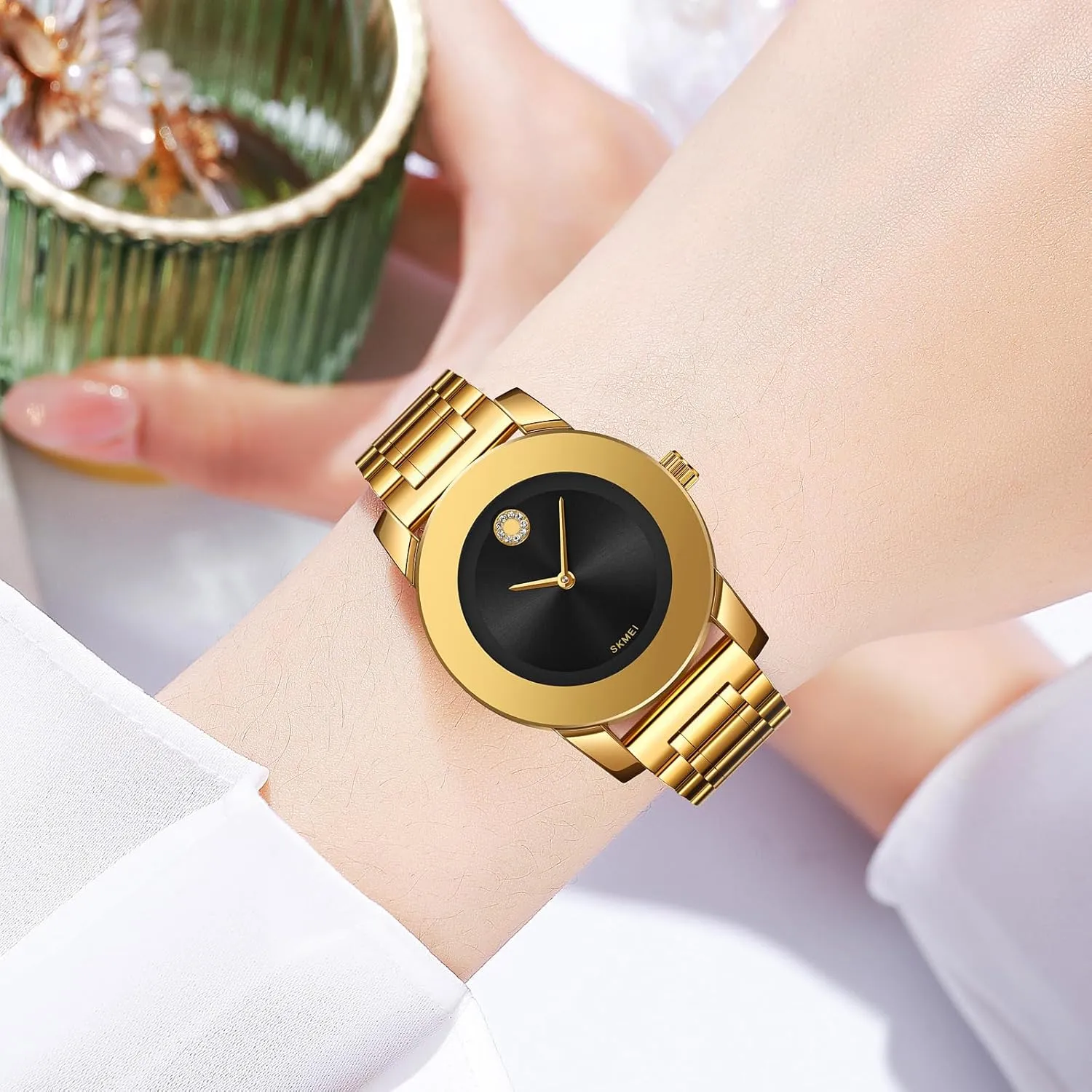 Gosasa Elegant Unisex Stainless Steel Waterproof Quartz Watch with Diamond Accents - Minimalist Luxury Business Casual Wrist Watch for Men and Women