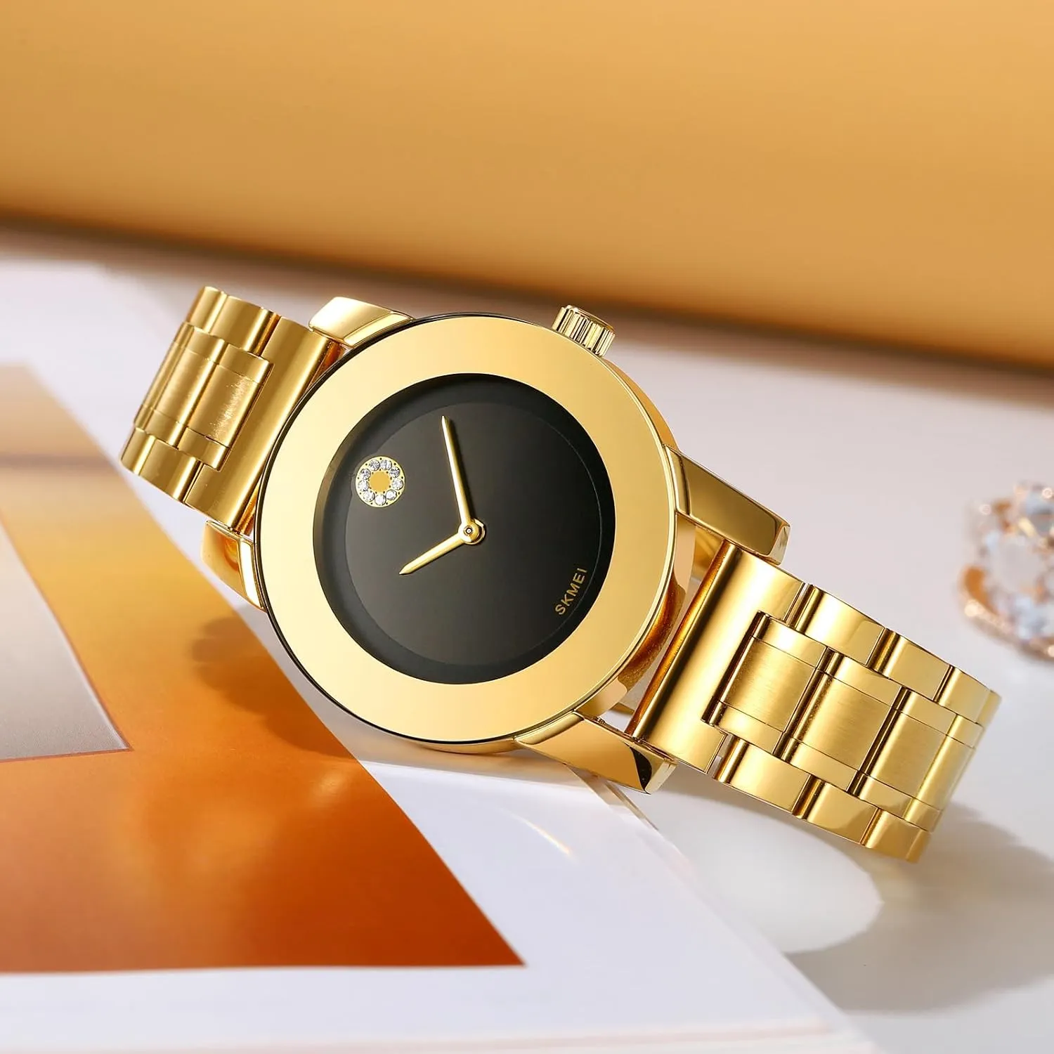 Gosasa Elegant Unisex Stainless Steel Waterproof Quartz Watch with Diamond Accents - Minimalist Luxury Business Casual Wrist Watch for Men and Women