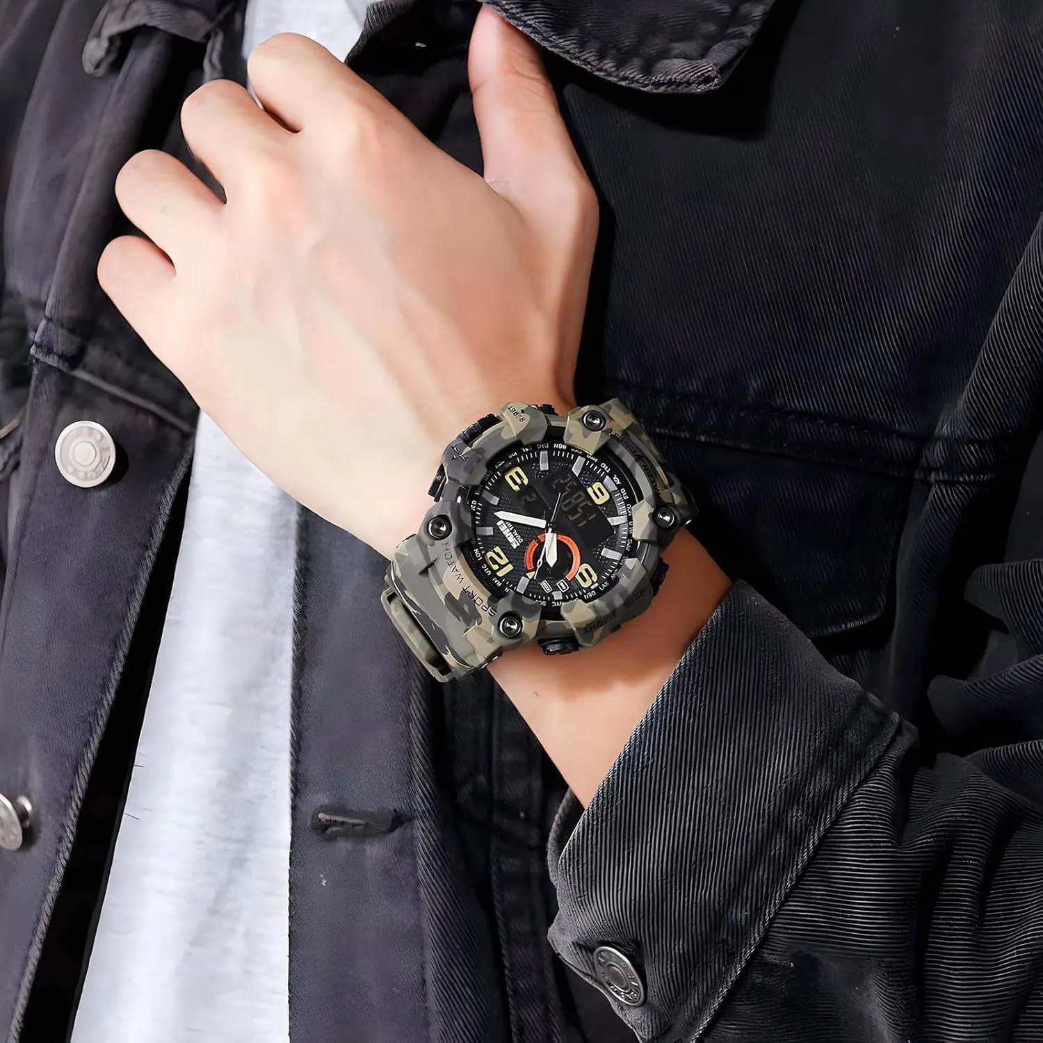 Gosasa Men's Large Face Outdoor Sports Watches Military S-Shock Watch Waterproof, Backlight, Alarm, Stopwatch Features - Rugged Wristwatch for Training, Hiking, and Adventure