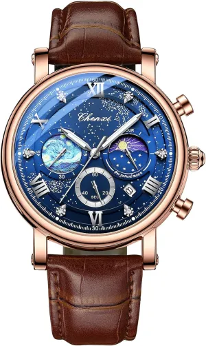 Gosasa Men's Watch Business Dress Starry Sky Luminous Dial Moon Phase Chronograph Waterproof Analog Quartz Calendar Leather Strap Wrist Watch for Men