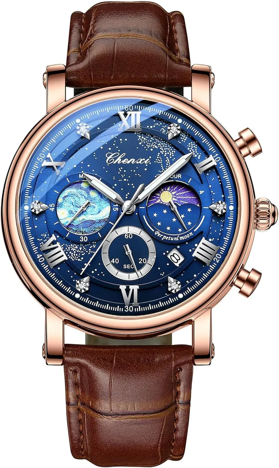 Gosasa Men's Watch Business Dress Starry Sky Luminous Dial Moon Phase Chronograph Waterproof Analog Quartz Calendar Leather Strap Wrist Watch for Men