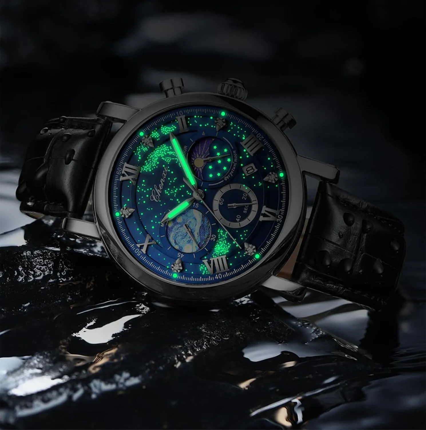 Gosasa Men's Watch Business Dress Starry Sky Luminous Dial Moon Phase Chronograph Waterproof Analog Quartz Calendar Leather Strap Wrist Watch for Men