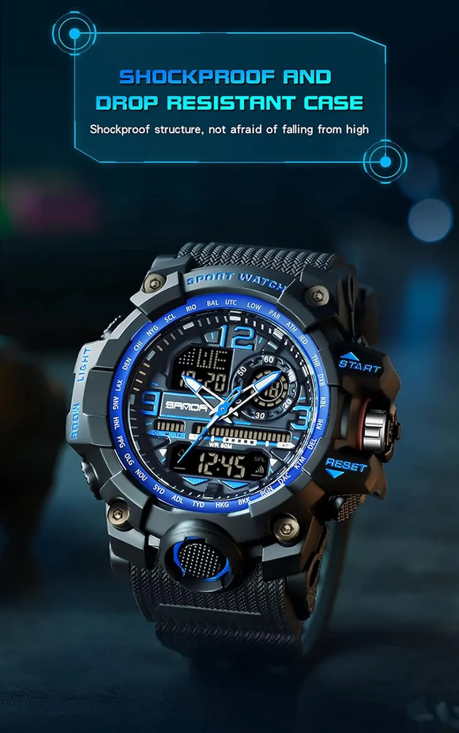 Gosasa Military Men's Watches Sports Outdoor Chronography TPU Strap Dual Time Zone Waterproof Date Week Multi Function LED Alarm Stopwatch Fashion Male Wristwatch