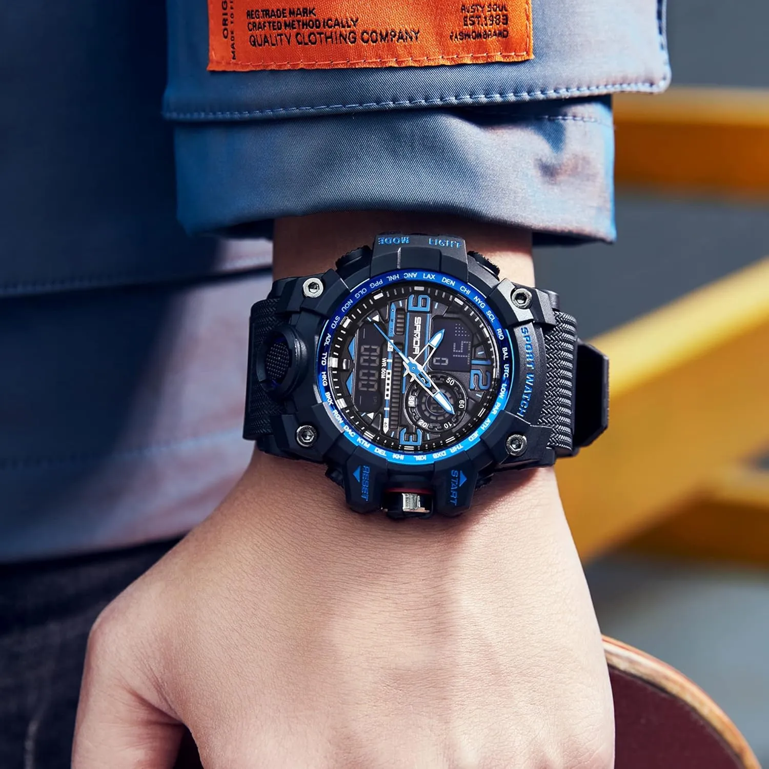 Gosasa Military Men's Watches Sports Outdoor Chronography TPU Strap Dual Time Zone Waterproof Date Week Multi Function LED Alarm Stopwatch Fashion Male Wristwatch
