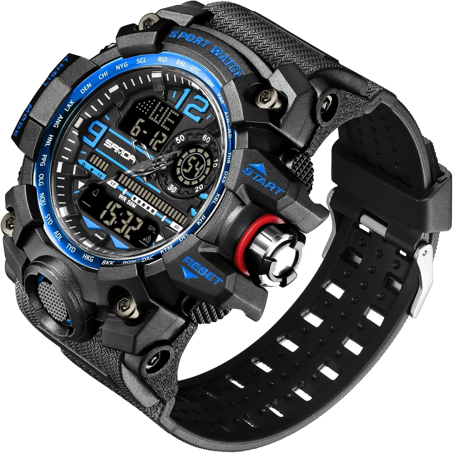Gosasa Military Men's Watches Sports Outdoor Chronography TPU Strap Dual Time Zone Waterproof Date Week Multi Function LED Alarm Stopwatch Fashion Male Wristwatch