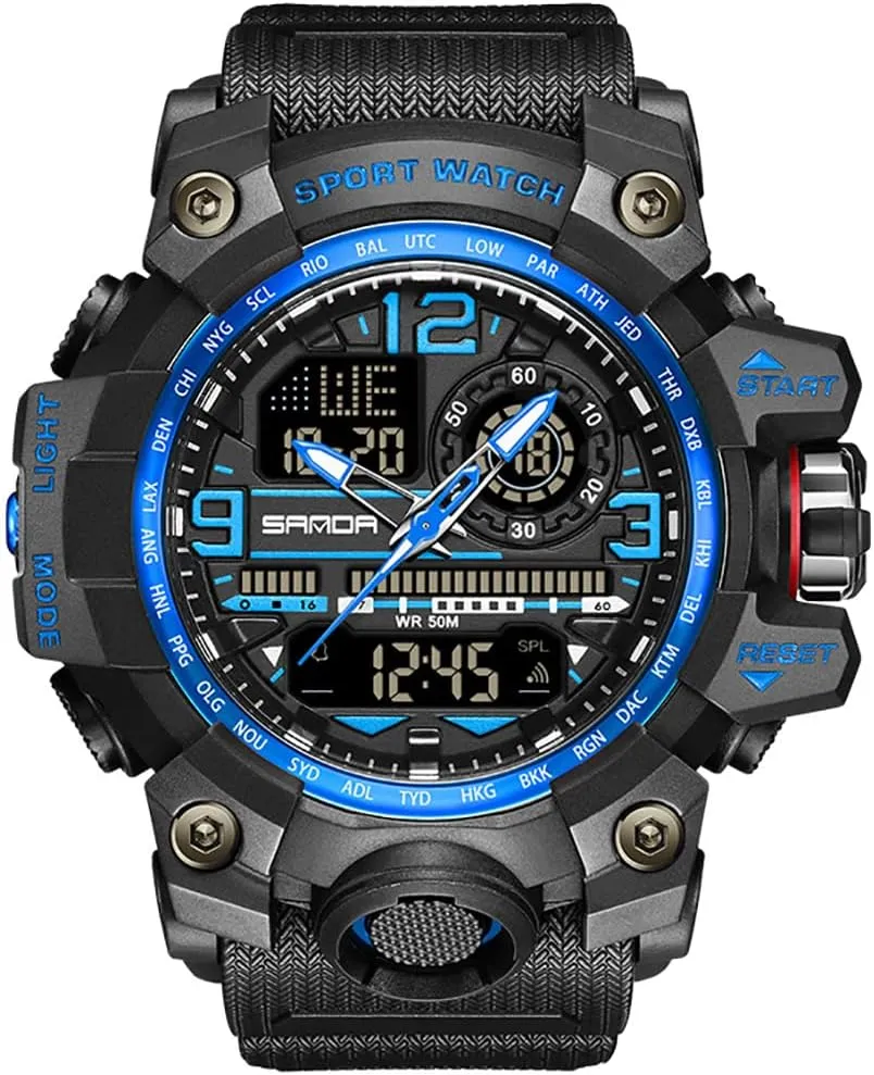 Gosasa Military Men's Watches Sports Outdoor Chronography TPU Strap Dual Time Zone Waterproof Date Week Multi Function LED Alarm Stopwatch Fashion Male Wristwatch