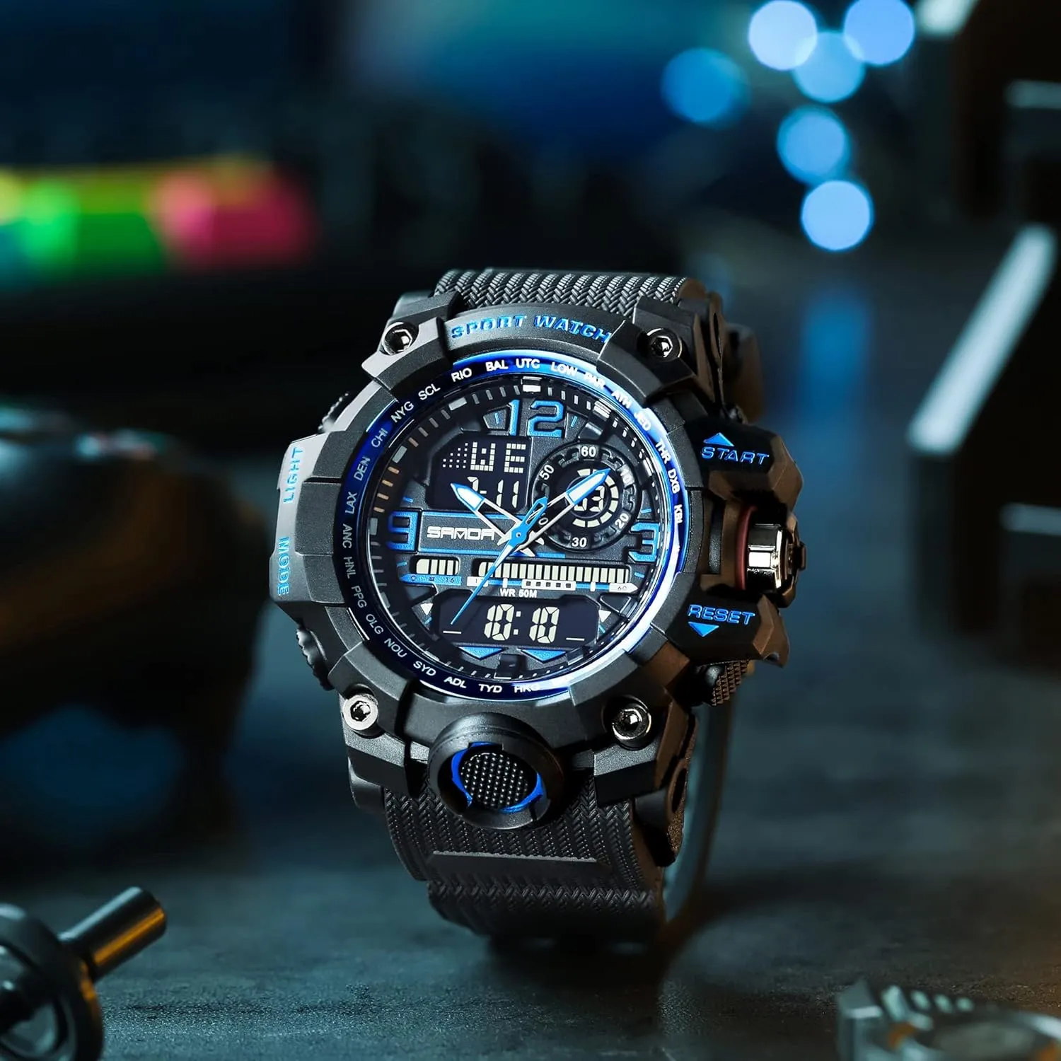 Gosasa Military Men's Watches Sports Outdoor Chronography TPU Strap Dual Time Zone Waterproof Date Week Multi Function LED Alarm Stopwatch Fashion Male Wristwatch