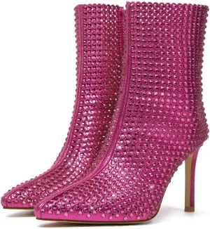 GOSERCE Rhinestone Boots for Women Ankle High Stiletto Heel Hollow Out Breathable Pointed Toe Sexy High Heel Booties Fashion with Side Zipper Party Prom Wedding Birthday