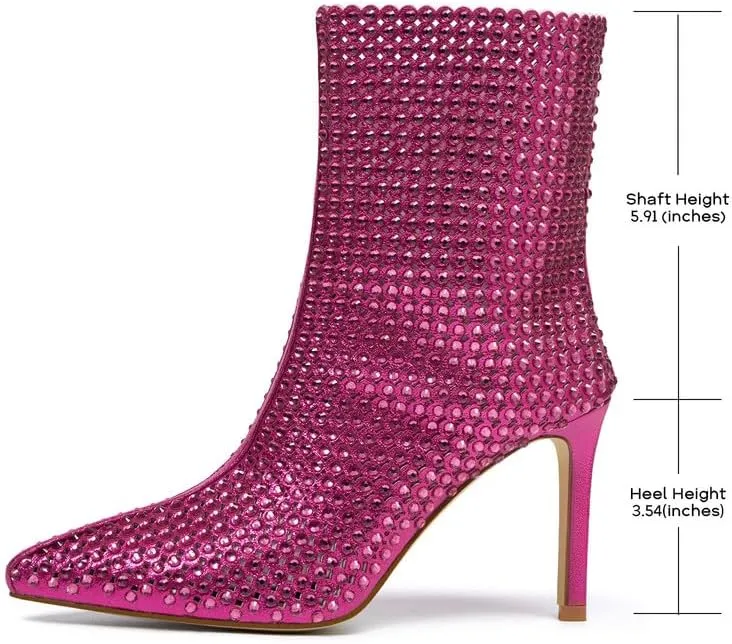GOSERCE Rhinestone Boots for Women Ankle High Stiletto Heel Hollow Out Breathable Pointed Toe Sexy High Heel Booties Fashion with Side Zipper Party Prom Wedding Birthday