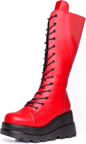 Gothniero Women Black Platform Goth Boots Mid Calf with Heel Knee High Boots Winter Chunky Heel Punk Rave Boots Girls Lace Up Combat Booties Size 5.5-11