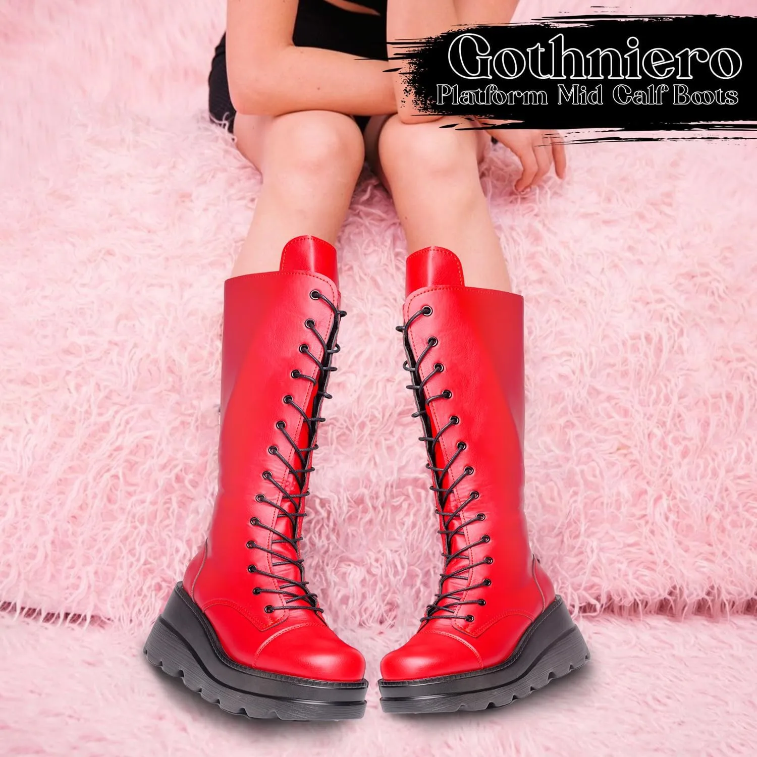 Gothniero Women Black Platform Goth Boots Mid Calf with Heel Knee High Boots Winter Chunky Heel Punk Rave Boots Girls Lace Up Combat Booties Size 5.5-11