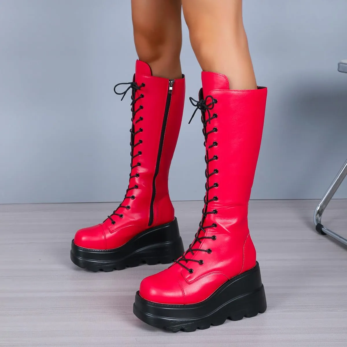 Gothniero Women Black Platform Goth Boots Mid Calf with Heel Knee High Boots Winter Chunky Heel Punk Rave Boots Girls Lace Up Combat Booties Size 5.5-11