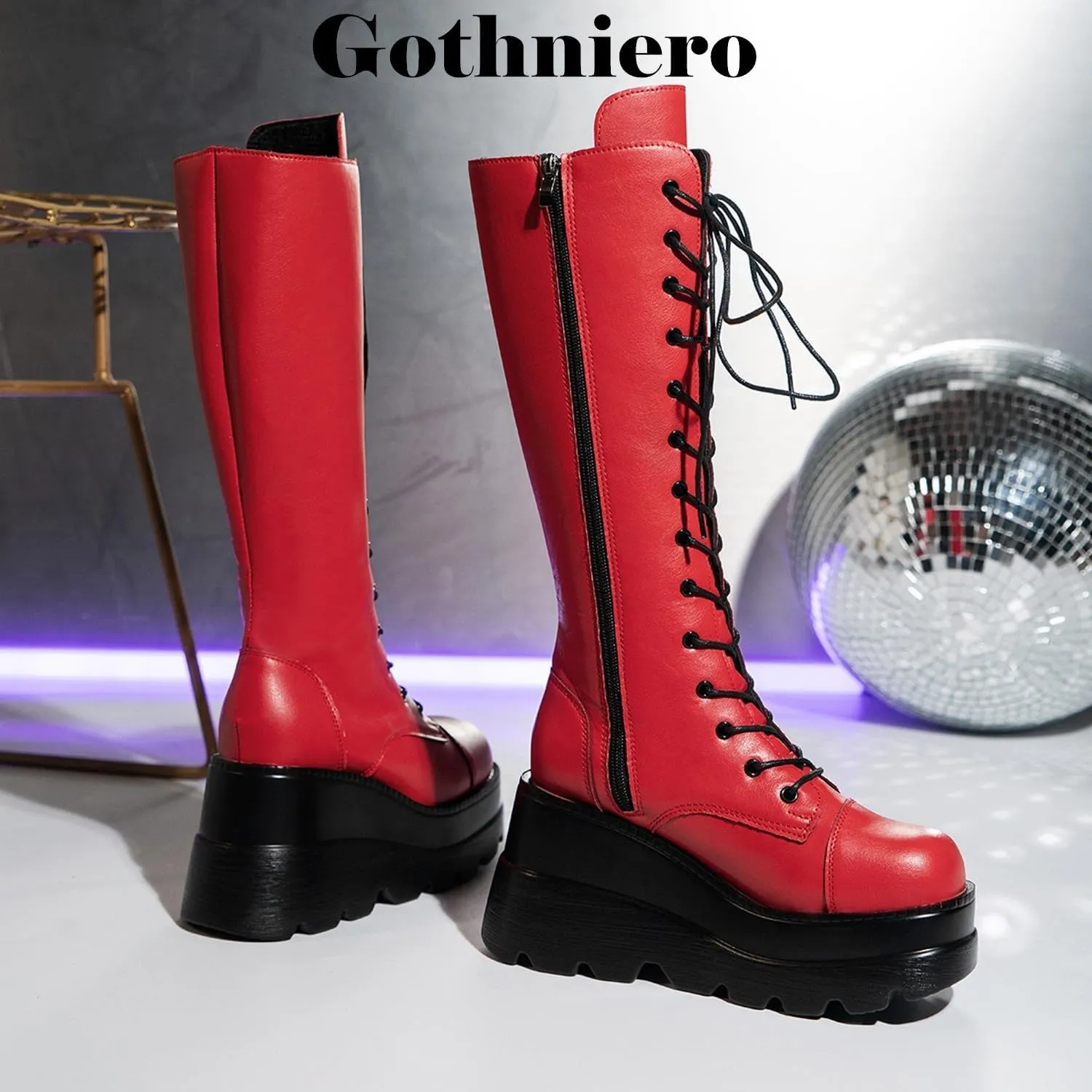 Gothniero Women Black Platform Goth Boots Mid Calf with Heel Knee High Boots Winter Chunky Heel Punk Rave Boots Girls Lace Up Combat Booties Size 5.5-11