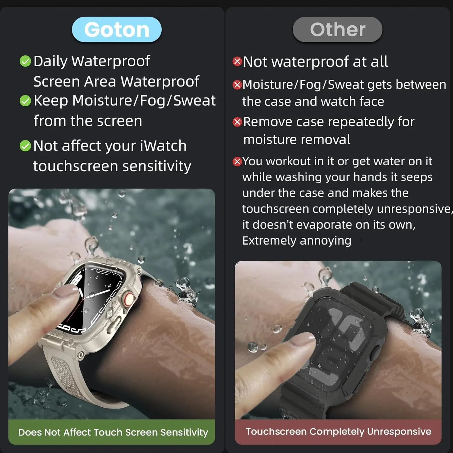 Goton 3 in 1 Waterproof Case and Band with Tempered Glass Screen Protector for Apple Watch Series 10 9 8 7 6 5 4 SE2 SE Ultra 46mm 42mm 44mm 40mm 45mm 41mm 49mm, Bumper Cover for iWatch Accessories