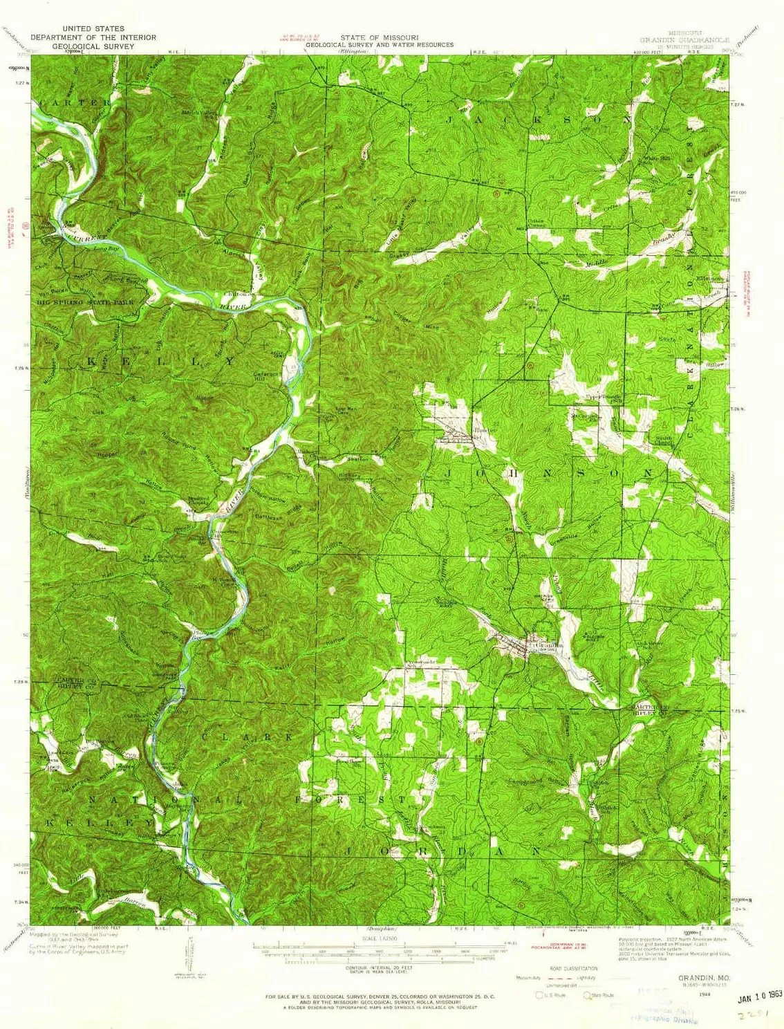 Grandin MO topo map, 1:62500 Scale, 15 X 15 Minute, Historical, 1944, Updated 1962, 20.8 x 16.9 in