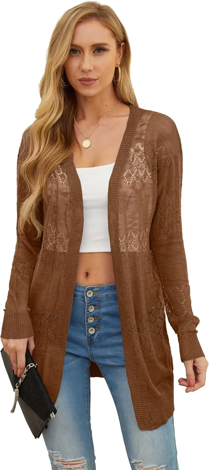 GRECERELLE Women's Lightweight Crochet Long Sleeve Loose Casual Open Front Cardigan Drape Sweaters Boho Summer Beach Coverups