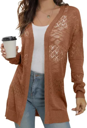 GRECERELLE Women's Lightweight Crochet Long Sleeve Loose Casual Open Front Cardigan Drape Sweaters Boho Summer Beach Coverups