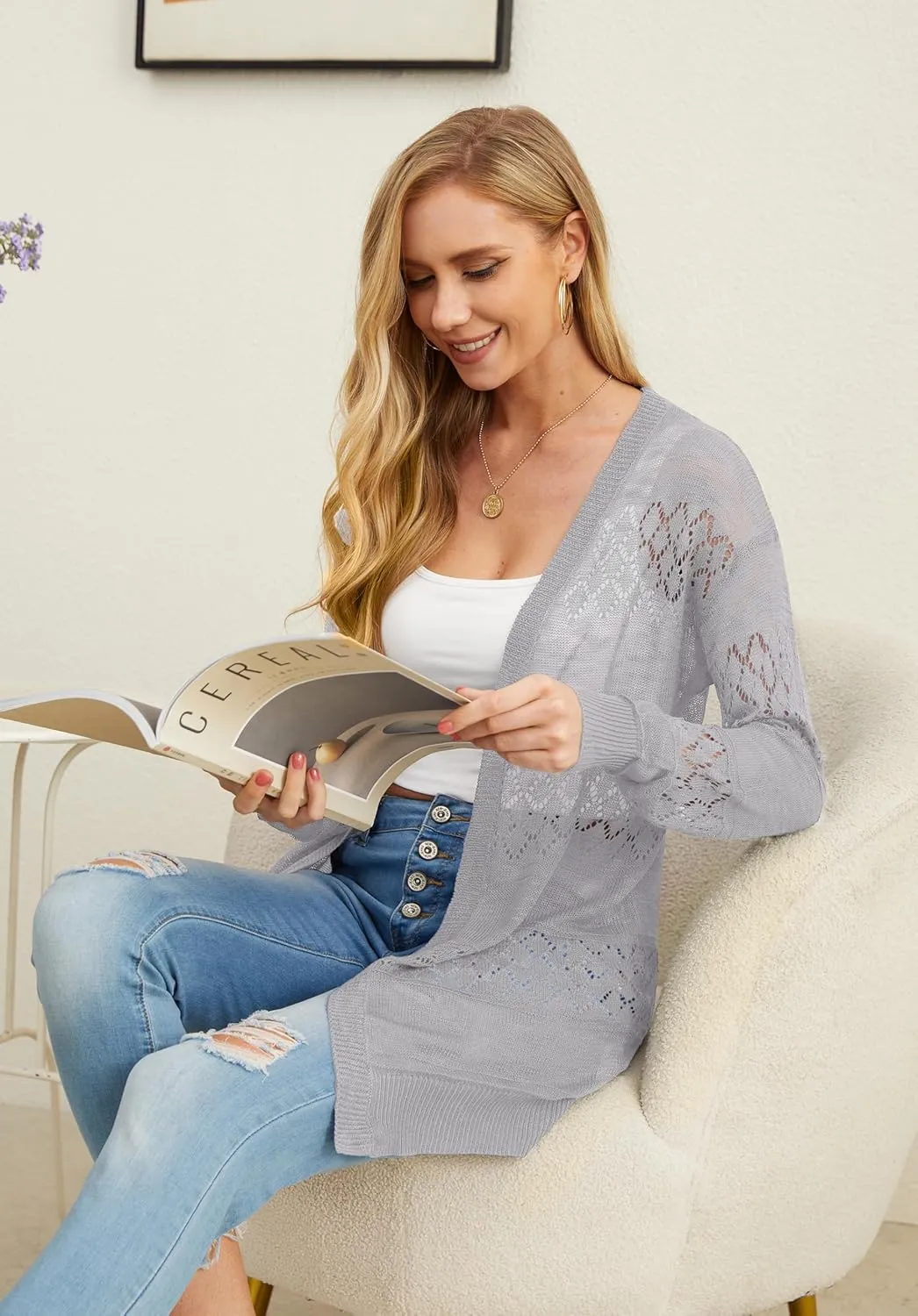 GRECERELLE Women's Lightweight Crochet Long Sleeve Loose Casual Open Front Cardigan Drape Sweaters Boho Summer Beach Coverups