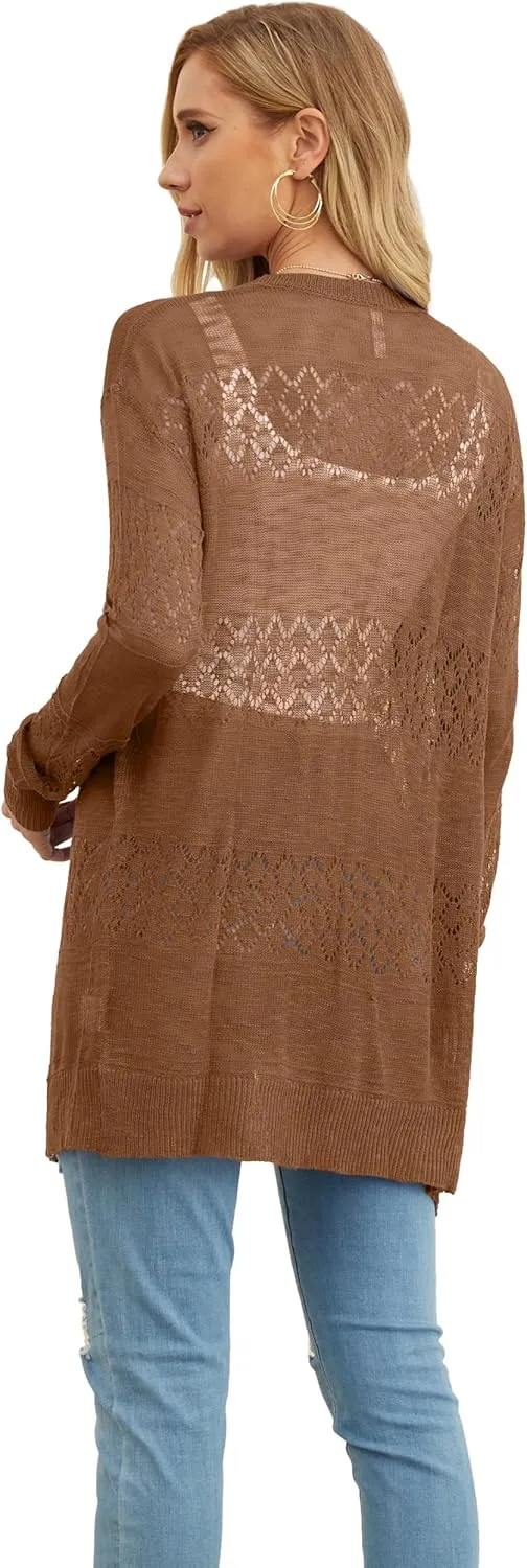 GRECERELLE Women's Lightweight Crochet Long Sleeve Loose Casual Open Front Cardigan Drape Sweaters Boho Summer Beach Coverups