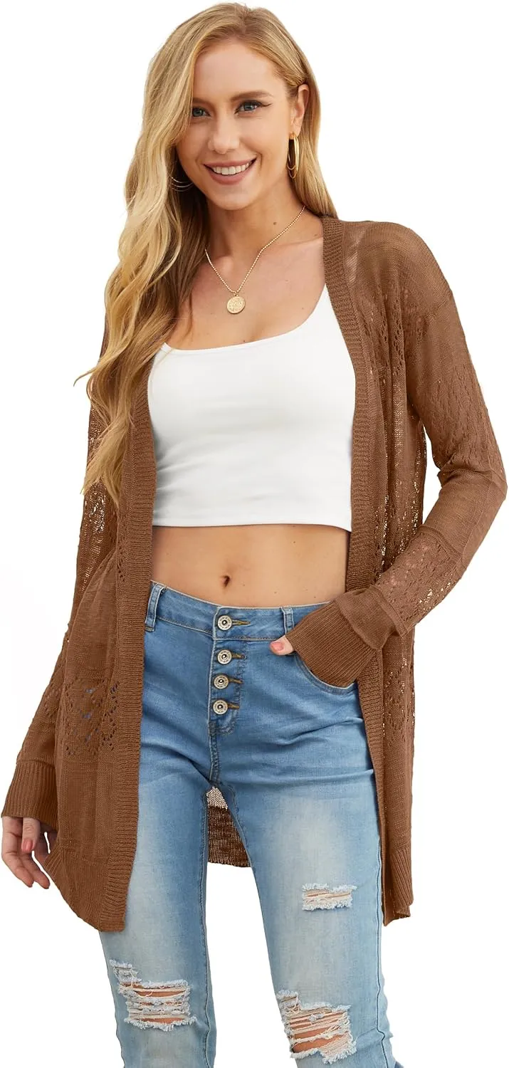 GRECERELLE Women's Lightweight Crochet Long Sleeve Loose Casual Open Front Cardigan Drape Sweaters Boho Summer Beach Coverups