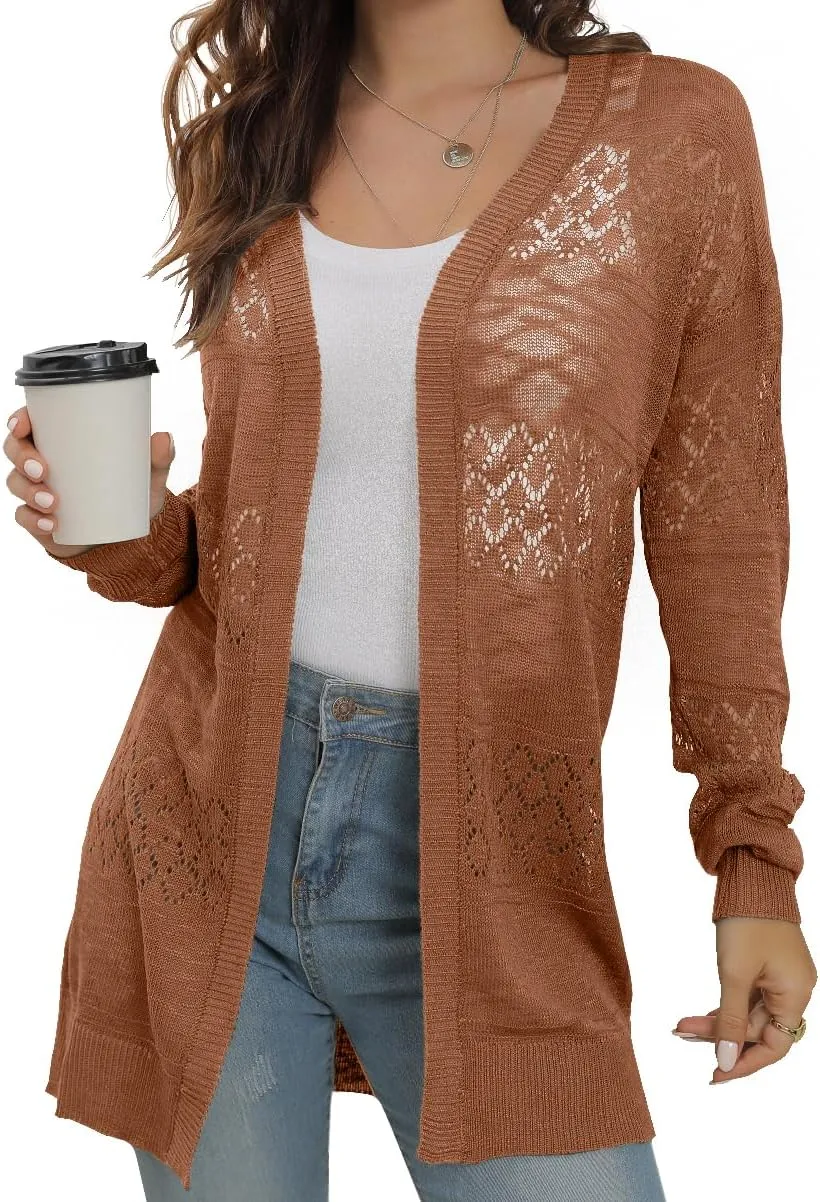 GRECERELLE Women's Lightweight Crochet Long Sleeve Loose Casual Open Front Cardigan Drape Sweaters Boho Summer Beach Coverups