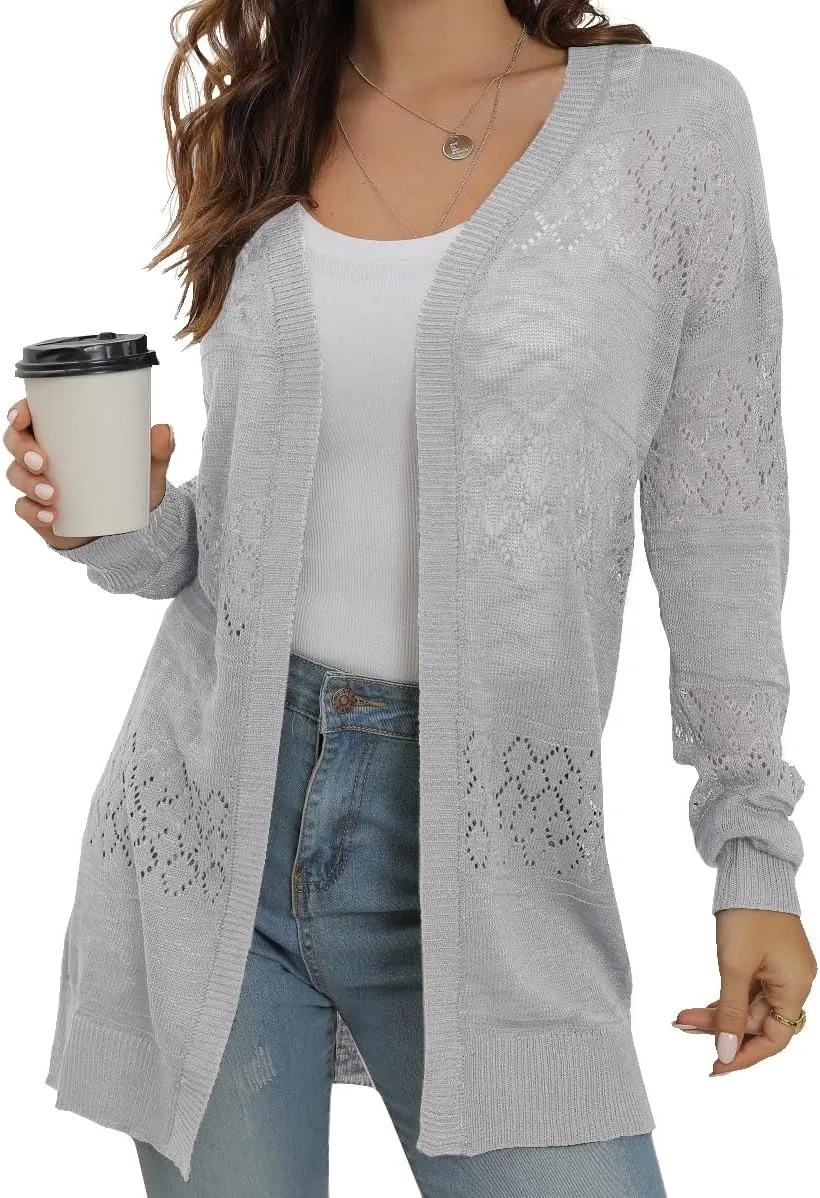 GRECERELLE Women's Lightweight Crochet Long Sleeve Loose Casual Open Front Cardigan Drape Sweaters Boho Summer Beach Coverups