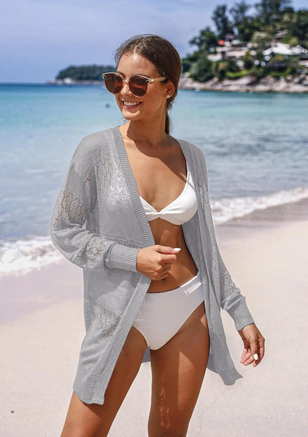 GRECERELLE Women's Lightweight Crochet Long Sleeve Loose Casual Open Front Cardigan Drape Sweaters Boho Summer Beach Coverups
