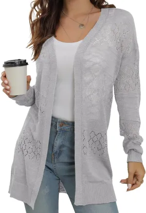 GRECERELLE Women's Lightweight Crochet Long Sleeve Loose Casual Open Front Cardigan Drape Sweaters Boho Summer Beach Coverups