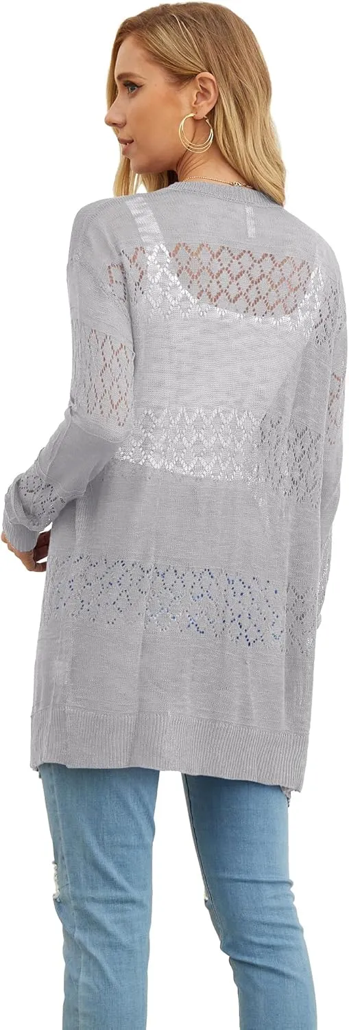 GRECERELLE Women's Lightweight Crochet Long Sleeve Loose Casual Open Front Cardigan Drape Sweaters Boho Summer Beach Coverups