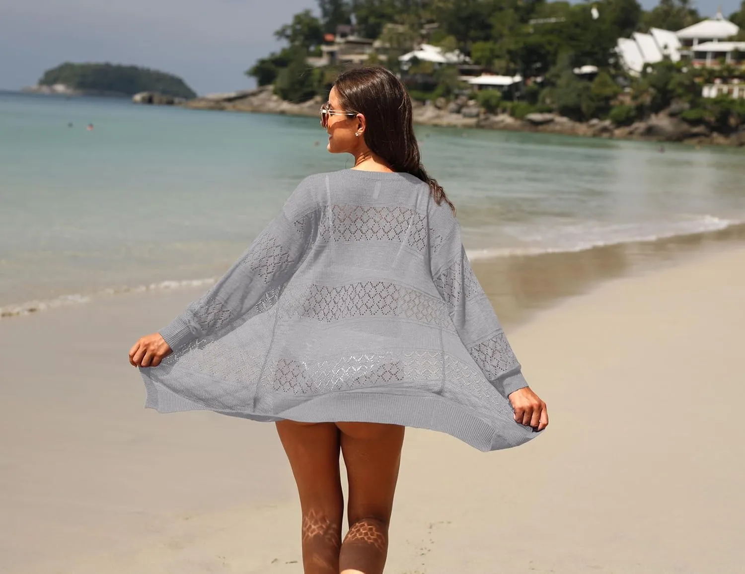 GRECERELLE Women's Lightweight Crochet Long Sleeve Loose Casual Open Front Cardigan Drape Sweaters Boho Summer Beach Coverups