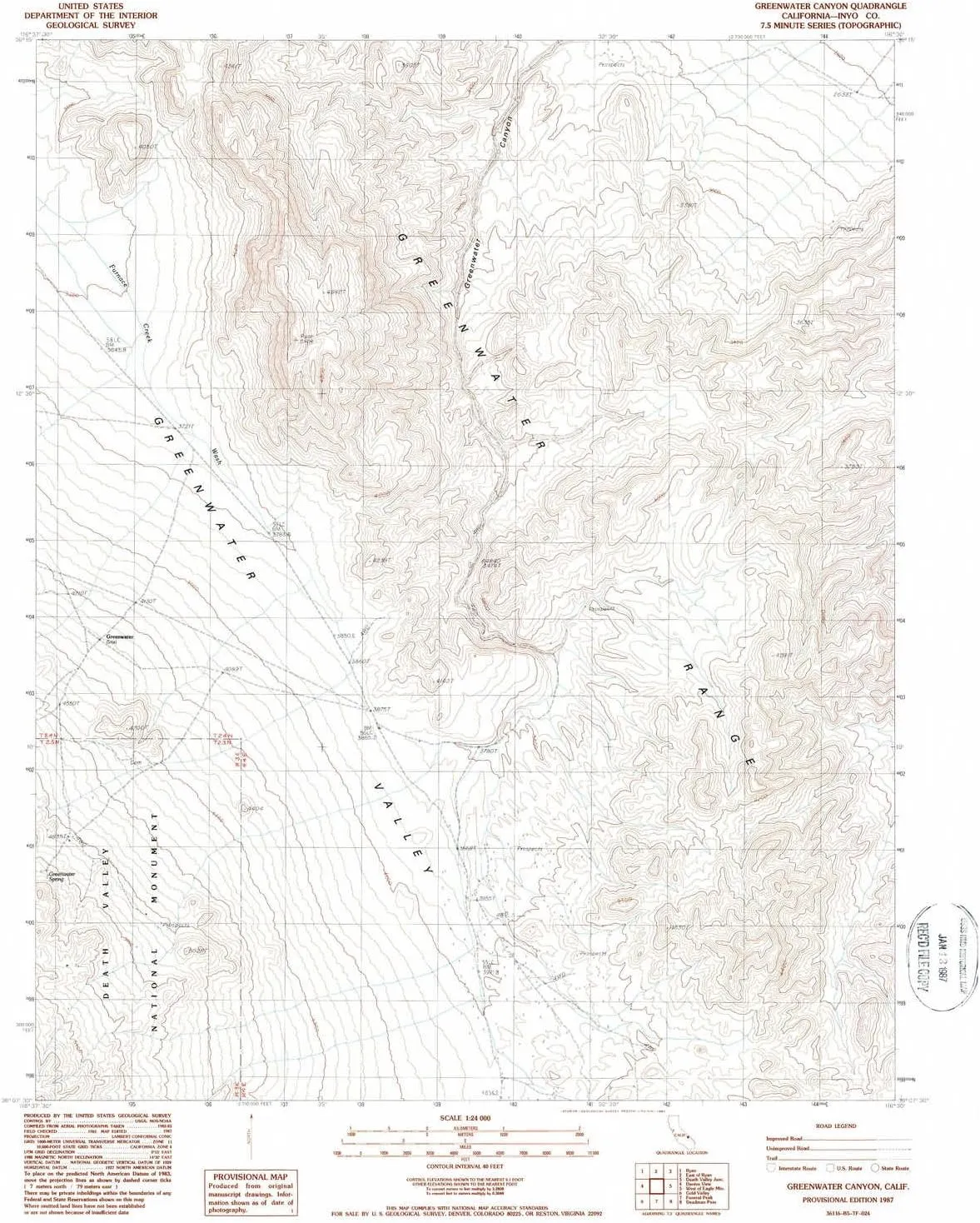 Greenwater Canyon CA topo map, 1:24000 Scale, 7.5 X 7.5 Minute, Historical, 1987, Updated 1987, 26.7 x 22 in