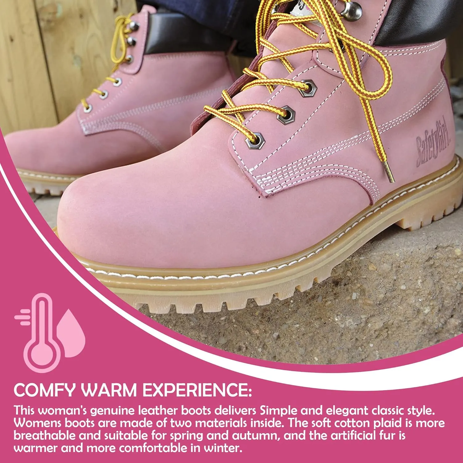 GS003-Lt Pink-11W Steel Toe Work Boots - Light Pink - 11W, English, Capacity, Volume, Leather, 11W, Pink ()