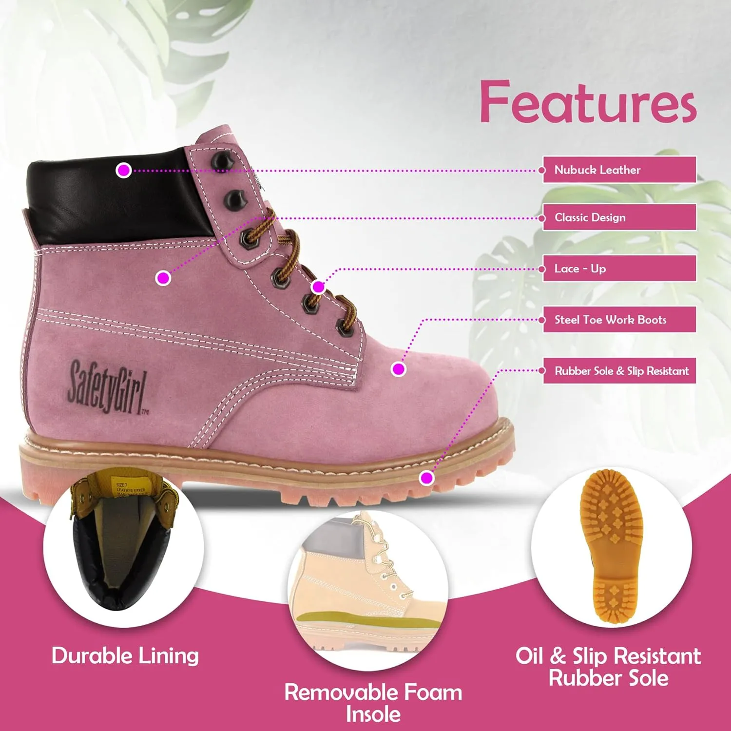 GS003-Lt Pink-11W Steel Toe Work Boots - Light Pink - 11W, English, Capacity, Volume, Leather, 11W, Pink ()