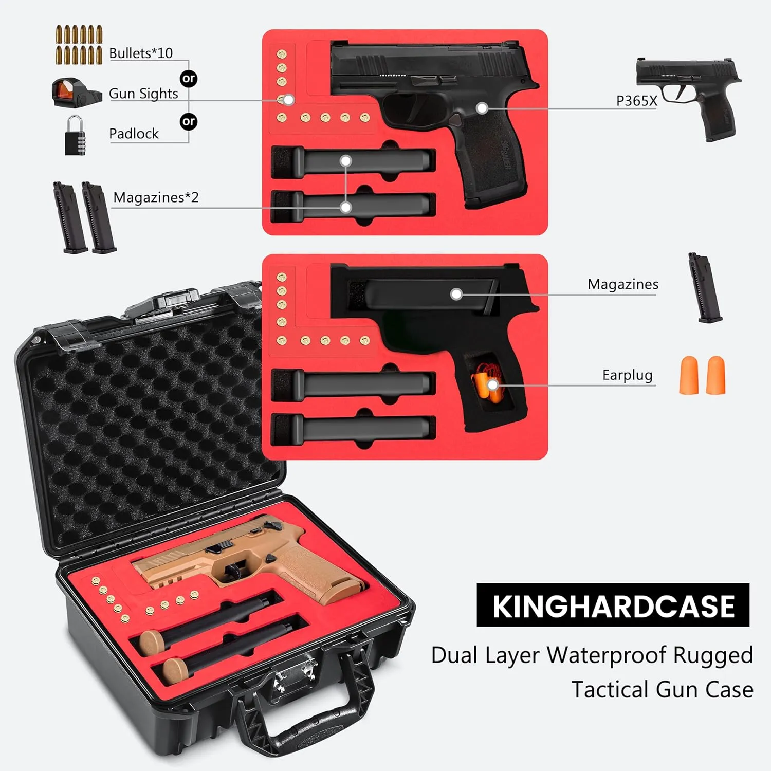 Gun Case for SIG SAUER P322/P365, Waterproof & Lockable Hard Pistol Case with Pre-Cut Foam, TSA Approved Firearm Travel Case, Handgun Case Not for Optics