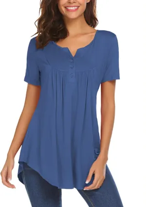 Halife Women's Casual Long Sleeve Henley V-Neck Shirt Loose Fit Pleated Tunic Blouse Tops