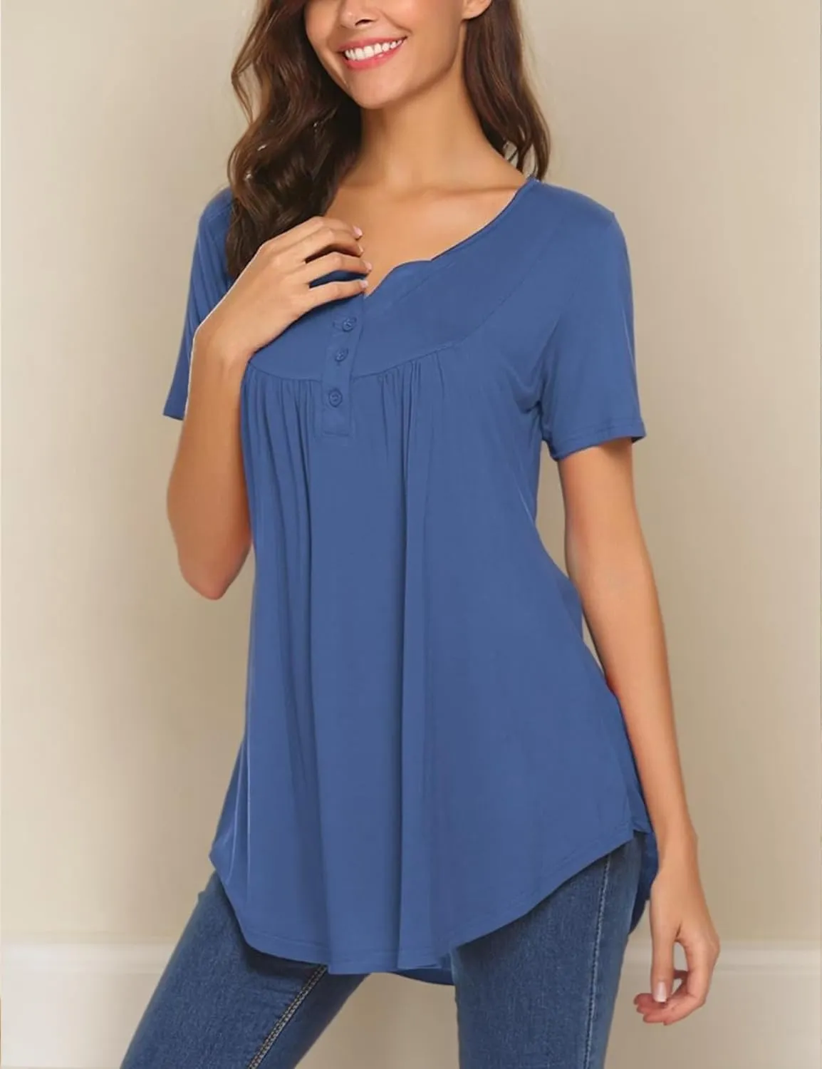 Halife Women's Casual Long Sleeve Henley V-Neck Shirt Loose Fit Pleated Tunic Blouse Tops
