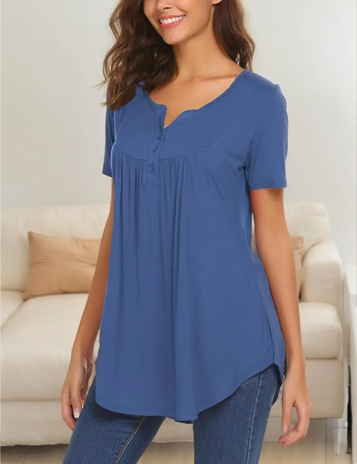 Halife Women's Casual Long Sleeve Henley V-Neck Shirt Loose Fit Pleated Tunic Blouse Tops